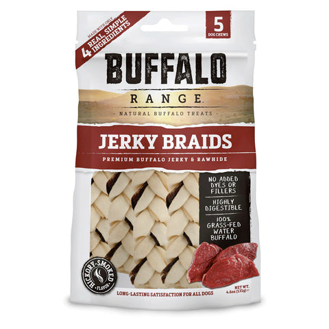 Buffalo Range Natural, Grain Free Jerky Braid Rawhide Chews for Dogs 5pc